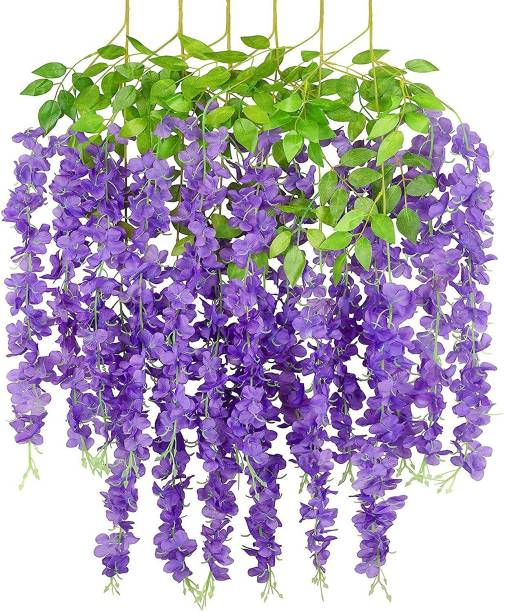 Siddhivinayak Siddhivinayak Artificial Flower for Home Decoration Plants Plastic Flowers Decor Items Decorative Flowers Hanging Bunch Creepers Garlands Leaves for Vase Wedding Room (Purple, 6) Purple Westeria Artificial Flower