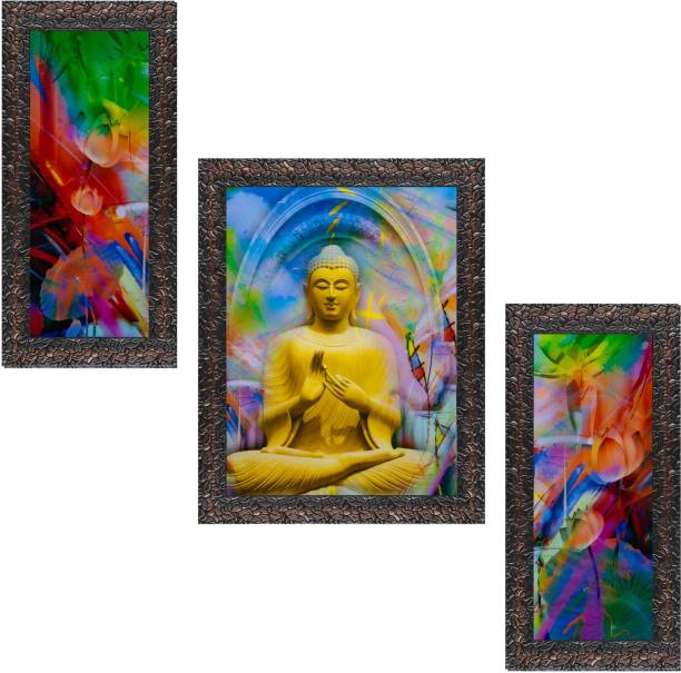 Indianara Set of 3 "Meditating Gautam Buddha" Framed Painting (3518GBN) without glass 6 X 13, 10.2 X 13, 6 X 13 INCH Digital Reprint 13 inch x 10.2 inch Painting