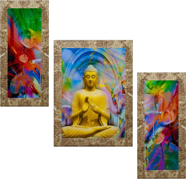 Indianara Set of 3 "Meditating Gautam Buddha" Framed Painting (3518MBR) without glass 6 X 13, 10.2 X 13, 6 X 13 INCH Digital Reprint 13 inch x 10.2 inch Painting