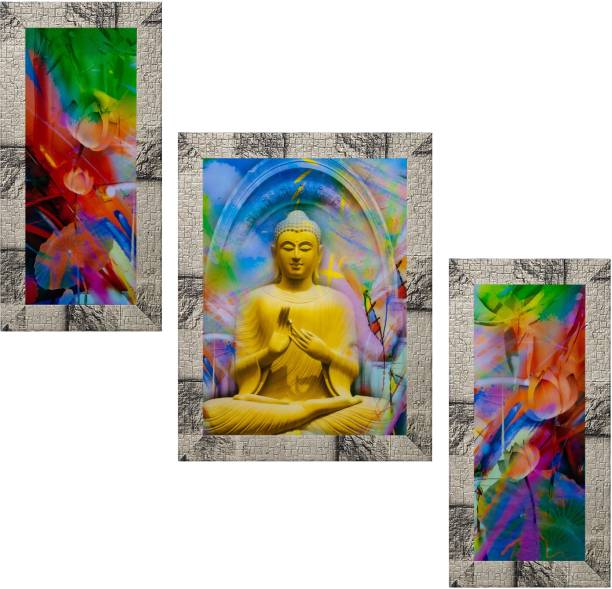 Indianara Set of 3 "Meditating Gautam Buddha" Framed Painting (3518MW) without glass 6 X 13, 10.2 X 13, 6 X 13 INCH Digital Reprint 13 inch x 10.2 inch Painting