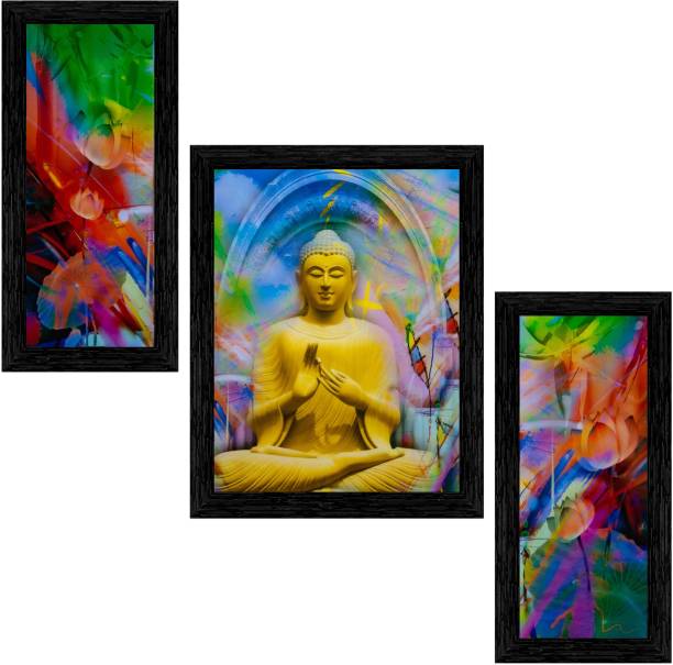 Indianara Set of 3 "Meditating Gautam Buddha" Framed Painting (3518BK) without glass 6 X 13, 10.2 X 13, 6 X 13 INCH Digital Reprint 13 inch x 10.2 inch Painting