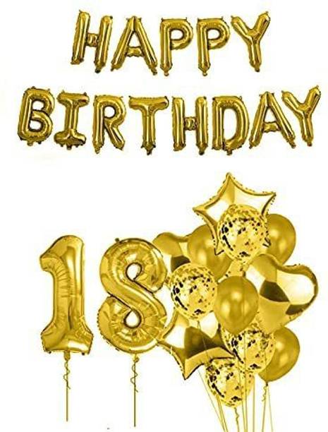 PopTheParty 18th Birthday Party Decorations Gold Supplies Big Set With Happy Birthday Balloons Banner and 18 Digit Balloon for Including Latex, star, heart and Confetti Balloons