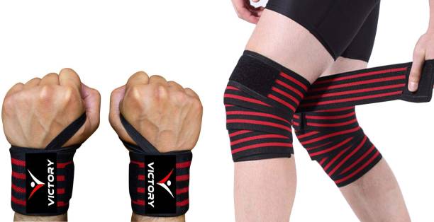 VICTORY Wrist & Knee Wrap for Weightlifting-Adjustable Straps,Stretchable Fabric Knee Support