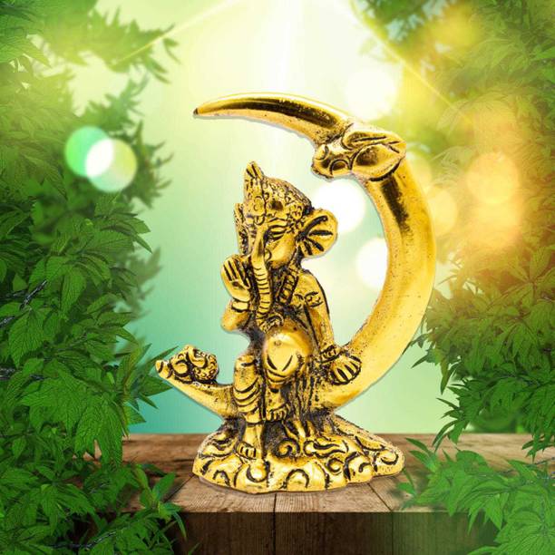 Ashamohar Beautiful Ganesh Statue God Metal Playing With Mouse on Moon Ganpati Murti Idol Puja Article Decorative Showpiece  -  11.5 cm