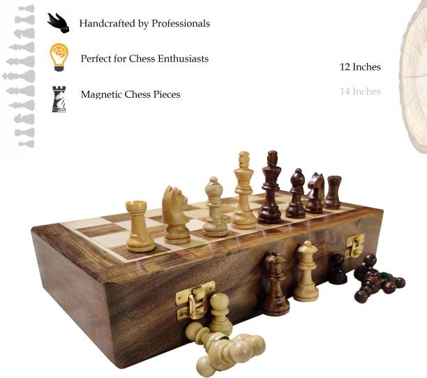 Cloudwalk 12 Inches Best Sheesham Wooden Folding Magnetic Chess Board with Professional Pieces & Free Extra Queens with Foam Fittings 12"x 12" inches (12 Inches) and Storage Bag. Strategy & War Games Board Game
