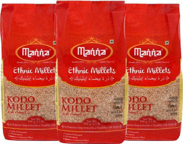 Manna Kodo Millet Natural Grains 1.5kg (500g x 3 Packs) - (Kodra / Varagu / Arikelu / Hark / Varigu) | Native Low GI Millet Rice | High Protein & 100% More Fibre than Rice Kodo Millet