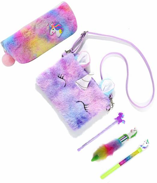 13House Cute Unicorn Beautifull Sling Bag with Stationary for Girls/Kids Unicorn Fur Pouch/Unicorn Pencil/Unicorn Fur Pen/Unicorn Glitter Pen for Kids (Multicolor) (Pack of 5)