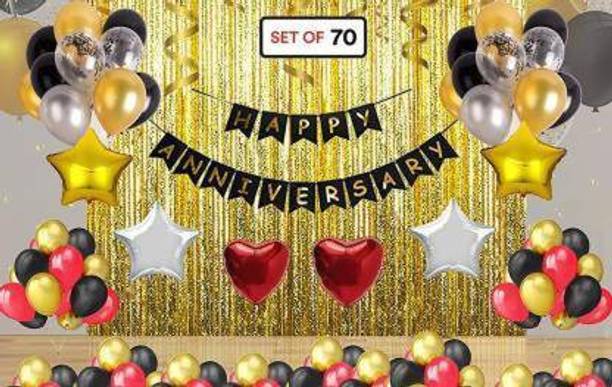 हेमितो सॉलिड 70 Pcs Happy Anniversary Decoration Combo- 1 Paper Black Happy Anniversary Banner – 3 Gold Foiled Fringe Curtain – 60 Premium Gold Black Red and Silver Metallic Latex Balloons- 3 Gold Star 2 Silver Star (18 Inch) 2 Red Heart Shape Star Wedding Anniversary Party Decoration for Boys Wife Adult Husband Mom Dad/Happy Anniversary Decorations Items Set गुब्बारा
