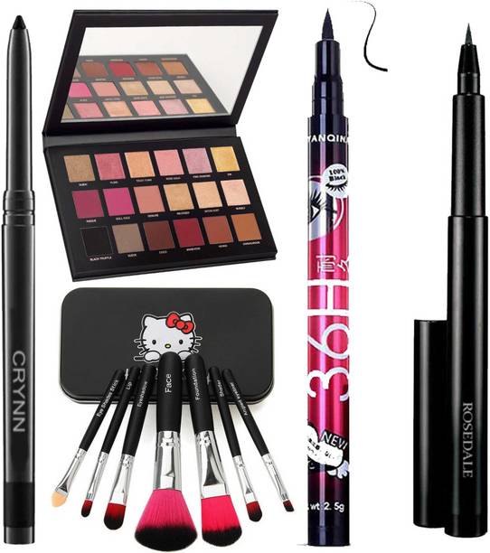 Crynn Smudge Proof Kajal & Eyeshadow Palette & Deep Black Eyeliner & Perfect Set of 7 Makeup Brush & Black Eyeliner