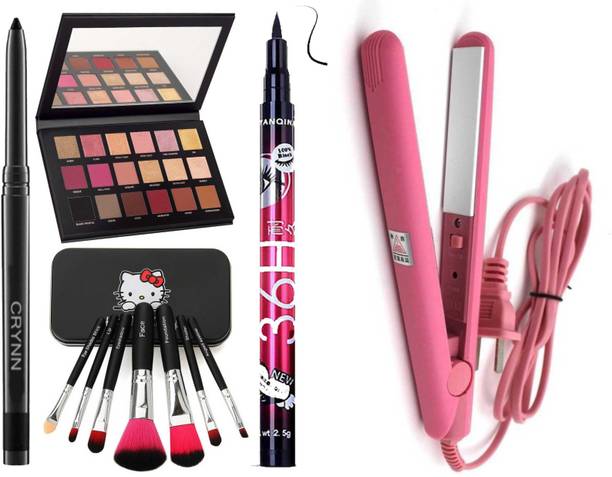 Crynn Smudge Proof Kajal & Rose Gold Eyeshadow Palette & Deep Black Eyeliner & Naked Perfect Set of 7 Makeup Brush & Professional Saloon Perfect Hair Straightener