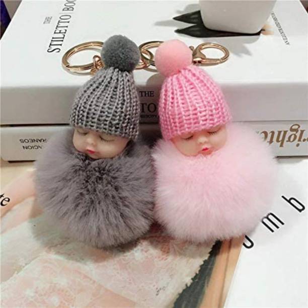 prisma collection soft toys sleeping baby doll plush nipple doll key chain soft toy rabbit fur ball key chain gift for girl women (Multi color - 2piece set) Key Chain
