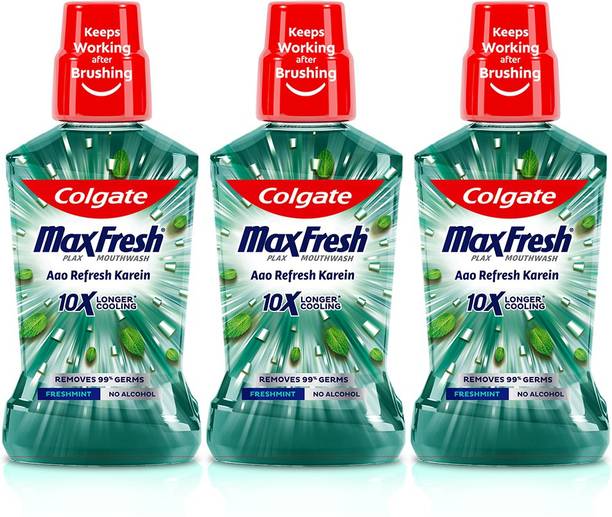 Colgate Maxfresh Plax Antibacterial Mouthwash, 24/7 Fresh Breath - Fresh Mint ( Pack of 3 )