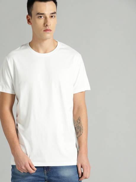 Men Solid Round Neck Pure Cotton White T-Shirt Price in India
