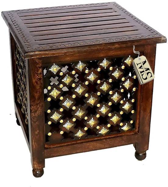 manzees Beautifull Antique Wooden Storage Stool with Brass Cutting Design Storage Stool for Living Room, Office and Bedroom Furniture (Brown, 18 X 18 X 18 Inches) Solid Wood Corner Table