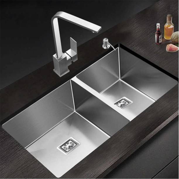 Prestige (32" x 18" x 10" Double Bowl)304 Grade Double Bowl Handmade Kitchen Sink (Silver) Vessel Sink