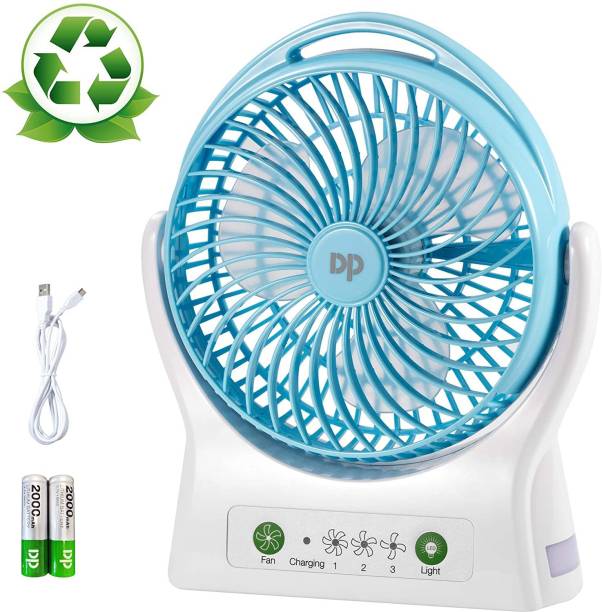 DP 7605 ABS USB Personal Battery Operated Desk Fan, 4000mAh Rechargeable Battery (Included), 3 Speeds, 330 Degree Rotation, Ultra Quiet Cooling Table Fan with Night Light for Home and Office 88 mm Silent Operation 3 Blade Table Fan