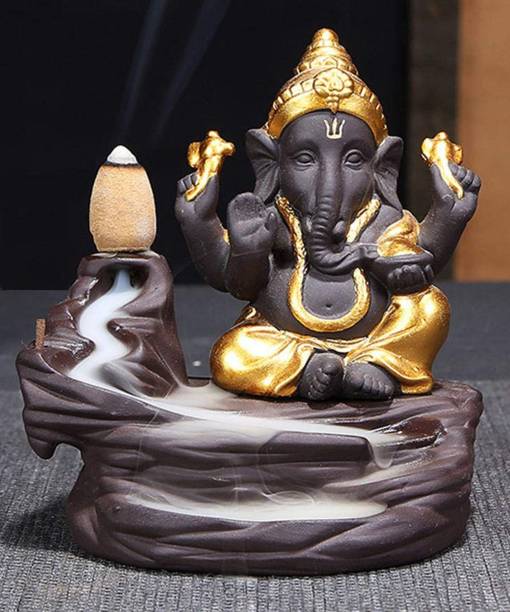 Hoyaquality Handicrafted Smoke Ganesha Water Fountain Backflow incense burner with 20 Smoke Backflow Incense Cone in Incense Sticks for home | Lord Ganesha Idols for home décor | Ganesha Statue | Ganesha idol for car dashboard, gifts, home &amp; Showpieces &amp; Figurines | Ganesh ji ki Murti | Statues | Statue for car | Showpieces for gift | Showpieces in home (6 cm X 9 cm X 12 cm) - Gold &amp; Brown Decorative Showpiece  -  12 cm