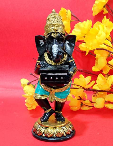 Sawcart Lord Ganesha Dancing &amp; Playing Harmonium Handicraft Cute Figurines of Ganesh Vinayak Idol Decorative Showpiece for Prosperity Fortune Home Office Temple Décor Housewarming Gift (Black) Decorative Showpiece  -  19 cm