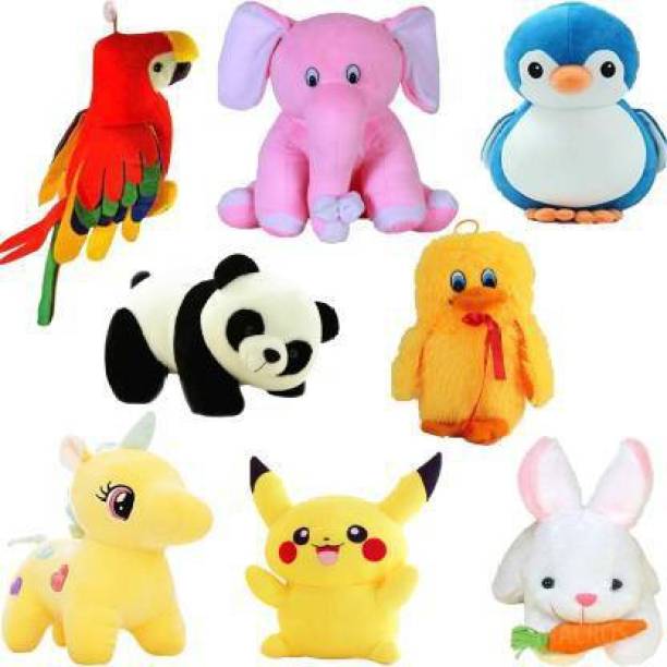 Shanshu Classic Super Soft Complete Family Pack Combo of 8 Teddy Bear Toy in Low Budget for kids / Gift , Parrot , Elephant , Penguin , Panda , Duck , Unicorn , Pikachu , Rabbit . - 25 cm  - 30 cm