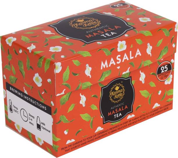 Karma Kettle Masala Tea Unbleached and Staple-Free 25 Teabags Ginger, Spices Masala Tea Bags Box