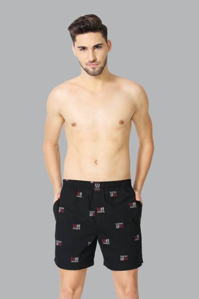 Men Black Printed Elasticized Waistband Media Pocket Boxer Shorts Printed Men Boxer