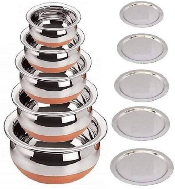 Flipkart SmartBuy Pack of 10 Stainless Steel Stainless Steel Handi Set Copper Bottom handi set of 5 Cookware/ Container/pot pan/patila/bhagona/Serving bowl/biryani cook & serve Set With Lids Cookware Set/tapeli/pateli/patila/bhagona/milk biryani pot pan/serving bowl Handi/tableware/storage containers/bakeware/ dinner set/ kitchen set steel item for home appliances and kitchen serving cooking combo set with lid/cover/dhakkan/ storage container copper handi /URLI set fruit and salad bowl Cookware Sets Stainless Steel Plated Lids Cover thakkan Air Tight Lids Miixng Ramkin Salad Pasta Dal Rice Punjabi Indian Desi Kadhai Tea Coffee Milk Hot Water Every Gas Stove And Local Stove Very Use Full Tools Handis Bowls Small Size Tope Big Size Seving Handis Making Food And Cooking Kadhai Suitbale In Function Family Dinner Table Serving Decorative Stainless Steel Vassels Bowls Handi Cookware Set Pot Pan Sets Every Special Foe Kitchen Storage Container Serving Set Dinner Sets Q_6 Dinner Set