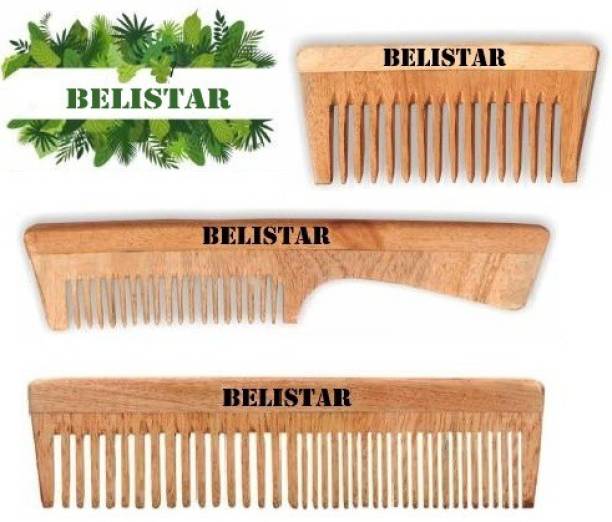 BELISTAR Natural Organic Handmade Neem Wood Broad Tooth Anti-Dandruff Comb For Men And Women Set Of 3