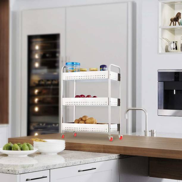 Fixoria Stainless Steel Folding Perforated 3 Layer Fruit and Vegetable Basket Perforated Organizer Trolley Dish Rack Books Organizer Kitchen Storage Basket Stand Bathroom Rack Stainless Steel Kitchen Trolley