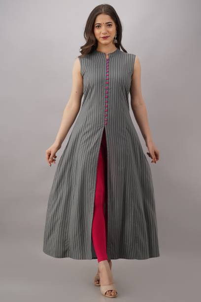 Women Striped Viscose Rayon Frontslit Kurta