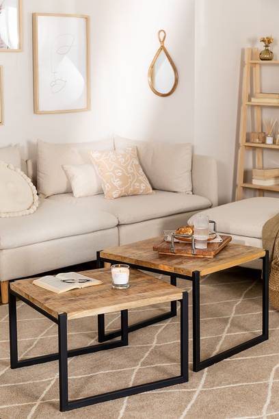 APRODZ Solid Wood And Metal Coffee Table (Mango Wood - Natural + Black Powder Coated Set OF 2) Metal Coffee Table