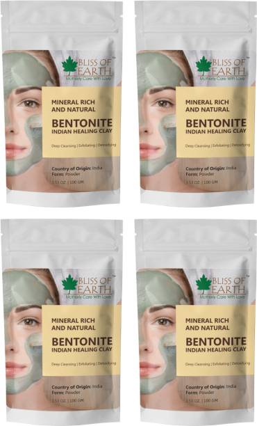 Bliss of Earth 100% Pure Bentonite Clay Powder | 4x100G | Indian Healing Clay | Natural Detoxifying Healing Facial Mask To Exfoliate and Deep Pore Cleansing | Remove Excessive Oil | Rejuvenates Skin & Hair | Reduced Acnes