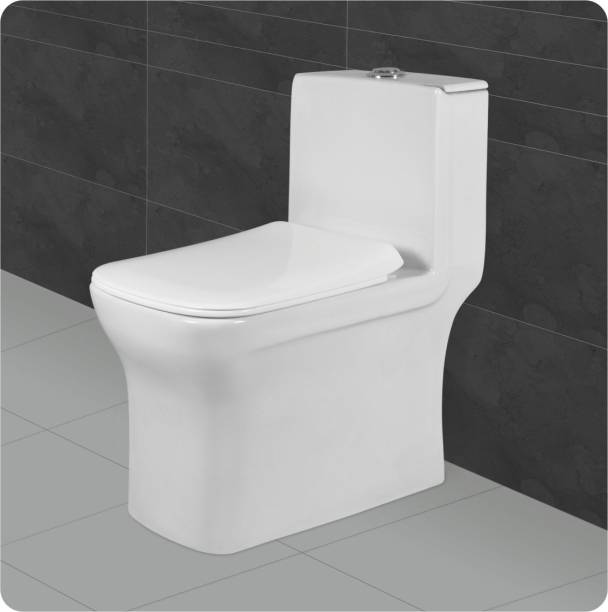 BM BELMONTE Ceramic Floor Mounted One Piece Western Toilet Commode / Water Closet / EWC Battle S Trap Distance 300mm / 12 Inch OUTLET Is on FLOOR with Soft Close Slim Seat Cover Western Commode