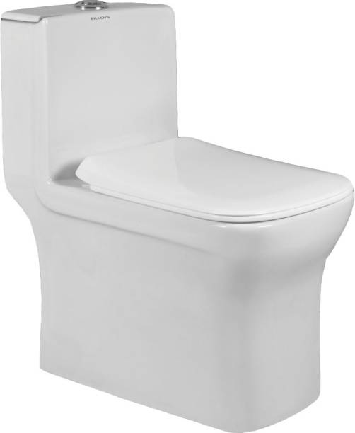 BM BELMONTE Ceramic Floor Mounted One Piece Western Commode Toilet / Water Closet / EWC Battle S Trap Distance 100mm / 4 Inch OUTLET Is on FLOOR with Soft Close Slim Seat Cover Western Commode