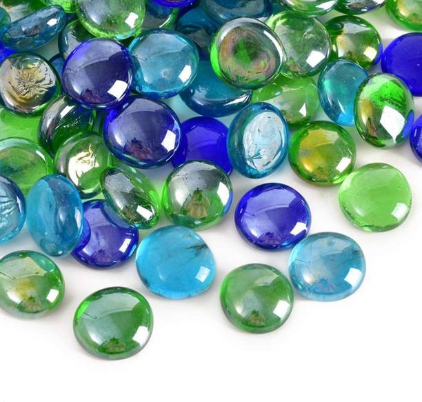 ERCOLE Decorative Polished Shiny Smooth Glass Pebble Stones For Aquarium Fish Tank Plant Pots Garden Home Table & Outdoor Decoration (Aqua, Green & Blue, 1 Kg) Carved, Polished, Regular Round Fire Glass Pebbles