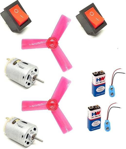ERHIndia 2Pcs DC Motor 27x33mm + 5 inch (125mm) 3 Blade Fan + Rocker Switch + 9V Battery Hobby DIY Science Kit Educational Electronic Hobby Kit
