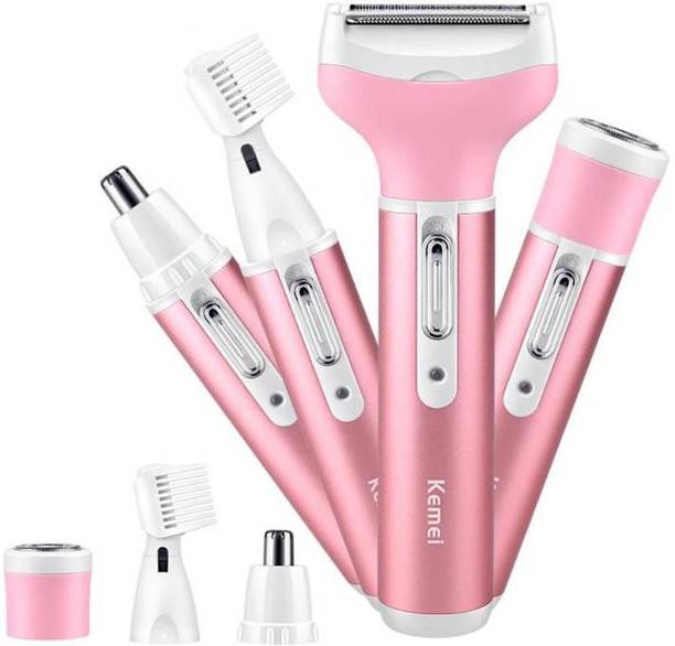 Kemei Km-6637 Ladies 4 in 1 Rechargeable Shaver With Trimmer for Women Body Razor Eyebrow Nose Lips Underarm Bikini Line Trimmer Hair Removal Body Groomer 40 min  Runtime 4 Length Settings