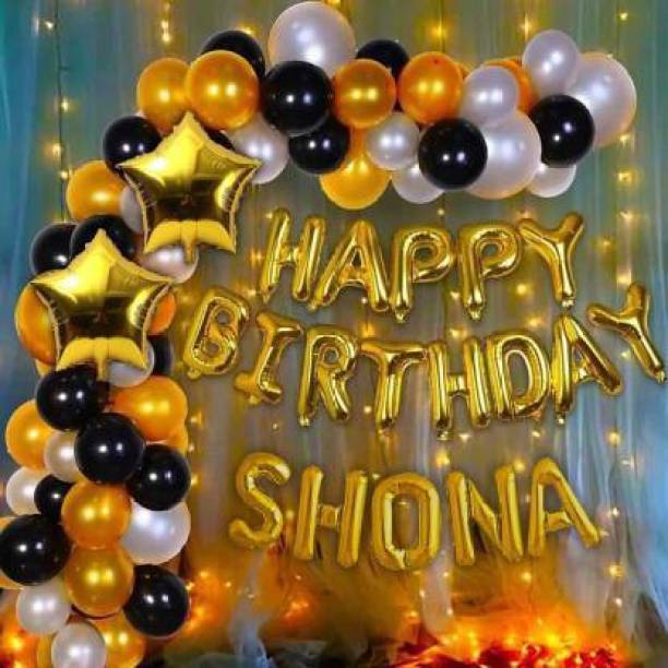 MODO Happy Birthday Decorations Kit For SHONA - Gold Black & Silver theme for Birthday Party Decorations - Happy B'day Foil Banner Gold, Gold Black and Silver Metallic Balloons and SHONA (5 Letters) Foil Balloons Golden, Stars Foil Balloons with Fairy LED Light Combo