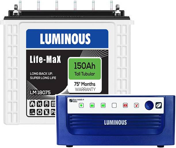 LUMINOUS Life Max LM 18075 150Ah Tall Tubular Inverter Battery With Eco Volt Neo 950 Square Wave Inverter Tubular Inverter Battery