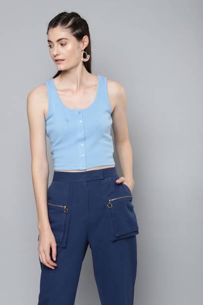 Casual Sleeveless Solid Women Blue Top