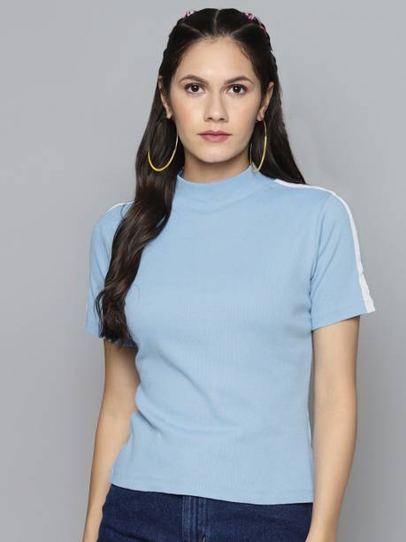 Casual Regular Sleeves Solid Women Light Blue Top
