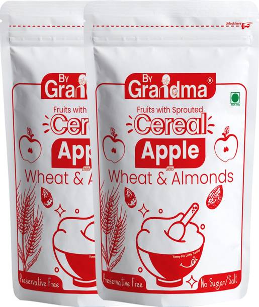 By Grandma Fruits With Sprouted Cereal Mix –Sprouted Wheat, Apple and Almond Instant baby food For 8 month babies | Preservative Free Instant Porridge Mix for 8 - 36 months babies | (Pack of 2) Cereal