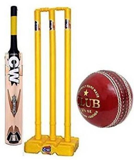 CW Smash Cricket Kit F/S Kashmir Willow Bat SH Plastic Wicket Stand Club Leather Ball Cricket Kit