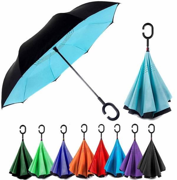 promise plus group Double Layer Inverted Colourful Umbrella for Men-Women with C-Shaped Handle Anti UV Protection Waterproof-Windproof Car Rain Outdoor Use Umbrella (Random Colors) (C- Shape Umbrella) (Multi color) Umbrella
