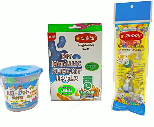 Rabbit DIY Metallic Slime Kit Level 3|+Kid Doh Neon Bucket|+Tempera Colors|Slime Making Kit|Combo includes 1 DIY Set +1 Roller +1 Cutter|Play Dough Clay Set for Kids Toddlers|DIY Kits|Play Doh Slime|S