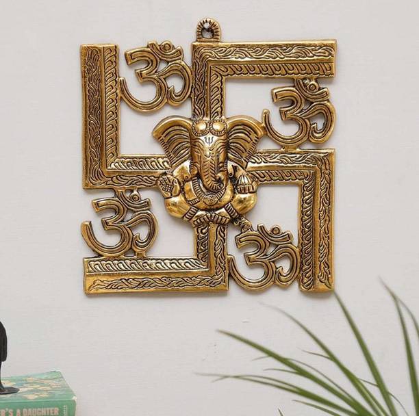 Chhariya Crafts Metal Ganesh Placed On Swastik Idol Decorative Showpiece  -  24 cm