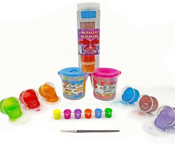 Rabbit Metallic Mud Slime Party Pack + Kid Doh Neon Bucket+ Kid Doh Glitter Bucket + Tempera Paints Combo|6 Colorful Play Slime for Kids Boys Girls|Safe, Non-Sticky & Non-toxic|Play Doh Clay set for K