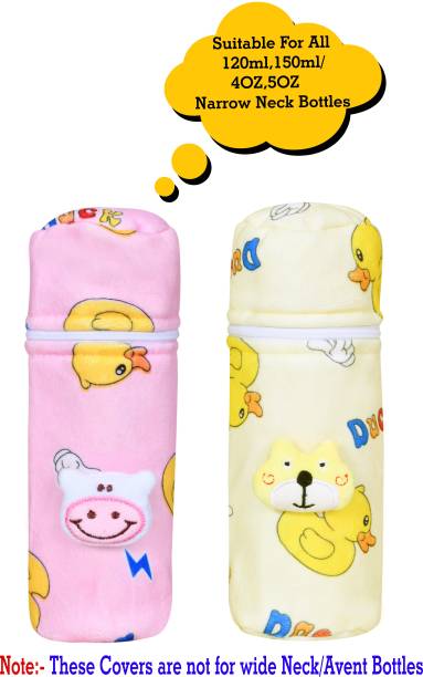 Miss & Chief by Flipkart Soft Plush Stretchable Baby Feeding Bottle Cover with Easy to Hold Strap and Zip | Suitable for 120ml & 150ml Feeding Bottles| Overall Print Pack of 2 (Pink & Yellow, Zip Closure 120ml,150ml/4OZ,5OZ)