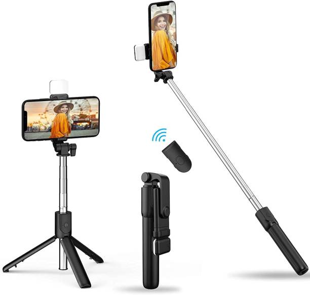 Hold up Selfie Stick Tripod with LED Fill Light, Phone Tripod Stand with Detachable Bluetooth Wireless Remote Compatible with iPhone 12/11/XR/X/Pro, Galaxy S10 and More(Black-White Lights) Bluetooth Selfie Stick