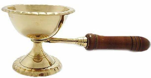 COPPER KITCHEN Brass Handcrafted Puja Dhoop /Puja Aarti, Incense Burner, Loban Burner,Dhoop Dhuni, Dhoop, with Wooden Handle for Home, Temples,Offices &amp; Gifting. Brass Table Diya