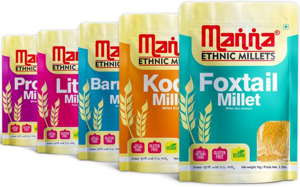 Manna Millets 5kg - Natural Grains Combo Pack of 5 | Foxtail 1kg, Kodo 1kg, Proso 1kg, Little 1kg, Barnyard 1kg | Native Low GI Millet Rice | Nutrient Powerhouse, High Protein & 100% more Fibre than Rice Mixed Millet